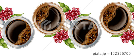 A seamless hand-painted watercolor frame featuring classic coffee cups. Perfect for coffee shops, menu dividers, packaging, and in-store design. A seamless hand-painted watercolor frame featuring classic coffee cups. Perfect for coffee shops, menu dividers, packaging, and in-store design. 132536700