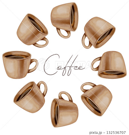 Hand-painted watercolor wreath of coffee cups, ideal for cafe branding, store displays, menu templates, and coffee packaging. Hand-painted watercolor wreath of coffee cups, ideal for cafe branding, store displays, menu templates, and coffee packaging. 132536707