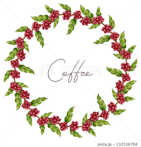 Hand drawn watercolor coffee tree branch wreath with red berries and green leaves. Excellent for coffee shops, packaging, stores, and botanical menu design 132536708