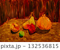 Colorful still life of fruits and veggies on a textured backdrop 132536815