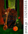 Vibrant still life with pottery and fruits capturing rich colors and textures 132536816