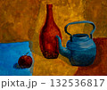 Bright still life with a blue kettle and red vase on a vivid background 132536817