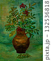 Vibrant still life with a clay vase and red berries on green background 132536818