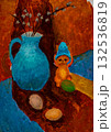 Colorful still life featuring a playful kitten and decorative pitcher 132536819