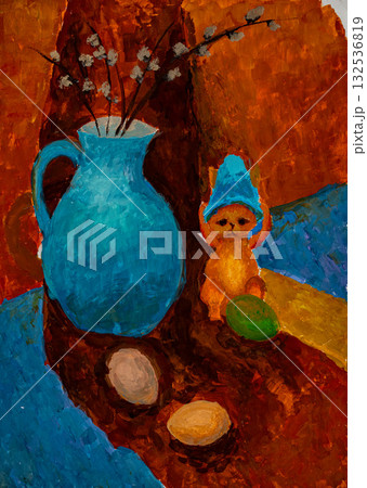 Colorful still life featuring a playful kitten and decorative pitcher 132536819