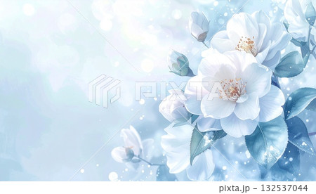 水彩風の白椿と淡い光の粒が漂う背景 132537044