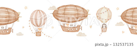 Seamless watercolor border with hot air balloons and zeppelin, hand drawn repeating illustrations with cute baby animals Seamless watercolor border with hot air balloons and zeppelin, hand drawn repeating illustrations with cute baby animals 132537135