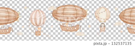 Seamless watercolor border with hot air balloons and zeppelin, hand drawn repeating illustrations with cute baby animals 132537135