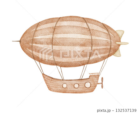 Zeppelin watercolor isolated illustration, neutral colors. Vintage airship, childish brown drawing Zeppelin watercolor isolated illustration, neutral colors. Vintage airship, childish brown drawing 132537139