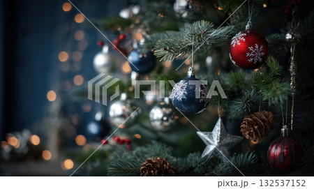 Christmas tree set against a dark blue bokeh background Christmas tree set against a dark blue bokeh background 132537152