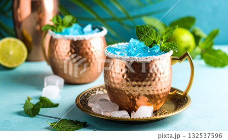 Blue Lagoon Cocktail Copper Cup. Drinks concept. Generated Image 132537596