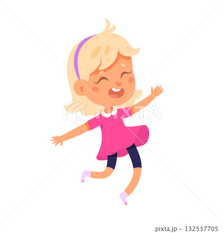 Happy jumping children with raised hands vector illustration. Cute fun active girl play at school or kindergarten. Cartoon adorable carefree female character dance. Happy birthday. Dancing studio 132537705