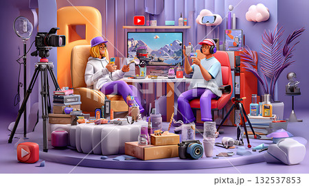 動画を撮影する二人のクリエイターのカラフルなイラスト 動画を撮影する二人のクリエイターのカラフルなイラスト 132537853