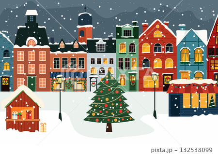 Winter christmas landscape with snowy houses. Winter city 132538099