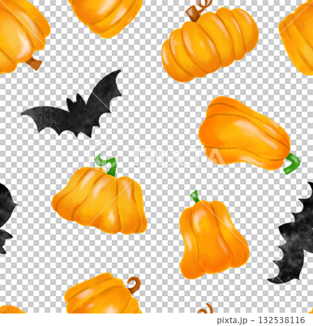 Hand-drawn pumpkin and bat watercolor pattern material 132538116