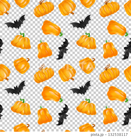 Hand-drawn pumpkin and bat watercolor pattern material 132538117