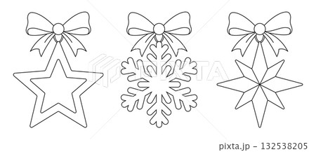 Star and Snowflake hanging decorations with bows, isolated on a clean background. Coloring template for holiday door hanger, Christmas window cling, seasonal garland, and winter art therapy activity 132538205