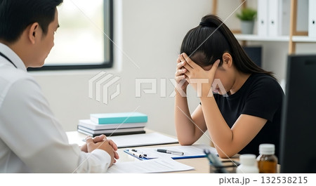 Stressed woman struggling with work and fatigue at home office 132538215