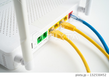 Ethernet cable with wireless router connect to internet service provider network. 132538452