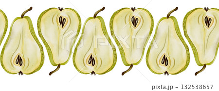 Watercolor endless horizontal border featuring vibrant pears. Hand drawn fruit border. Ideal for food packaging, textile prints, kitchen linens, recipe cards, and fresh produce branding. Watercolor endless horizontal border featuring vibrant pears. Hand drawn fruit border. Ideal for food packaging, textile prints, kitchen linens, recipe cards, and fresh produce branding. 132538657