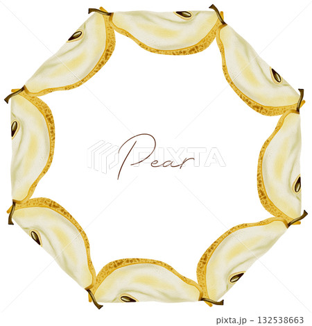 Watercolor circular wreath featuring pears. Fruit wreath. Perfect as an organic frame or logo for food packaging, textile prints, eco-friendly stationery, and kitchen decor Watercolor circular wreath featuring pears. Fruit wreath. Perfect as an organic frame or logo for food packaging, textile prints, eco-friendly stationery, and kitchen decor 132538663
