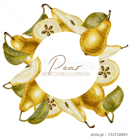 Watercolor circular wreath featuring pears. Fruit wreath. Perfect as an organic frame or logo for food packaging, textile prints, eco-friendly stationery, and kitchen decor Watercolor circular wreath featuring pears. Fruit wreath. Perfect as an organic frame or logo for food packaging, textile prints, eco-friendly stationery, and kitchen decor 132538665