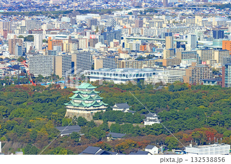 愛知県名古屋市、多くの高層ビルが立ち並ぶ名古屋城周辺の風景 愛知県名古屋市、多くの高層ビルが立ち並ぶ名古屋城周辺の風景 132538856