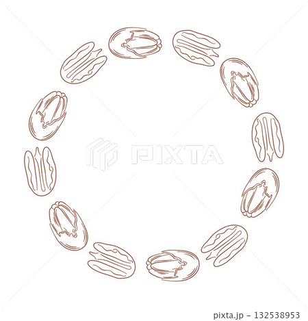 Circular frame with Pecan nut isolated on a white background in line art style. Healthy food and organic snacks for packaging and card. 132538953