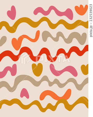 Colorful abstract waves in red, pink, beige, and yellow with various heart shapes. 132539023