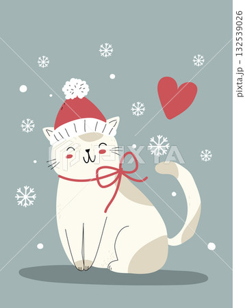 Smiling white cat in a red Santa hat with a red bow, surrounded by snowflakes and a heart. 132539026