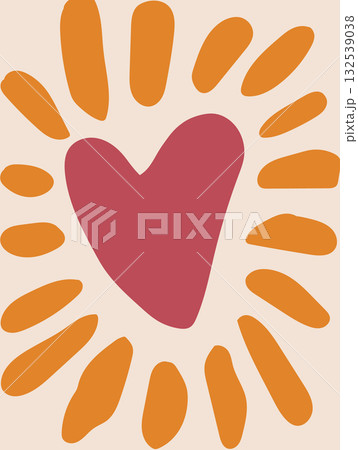 Tilted red heart encircled by uneven orange rays forming a sun-like pattern on a light background. Tilted red heart encircled by uneven orange rays forming a sun-like pattern on a light background. 132539038
