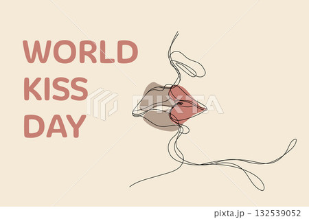 Minimal line art of two faces kissing with the text World Kiss Day on a beige background. Minimal line art of two faces kissing with the text World Kiss Day on a beige background. 132539052