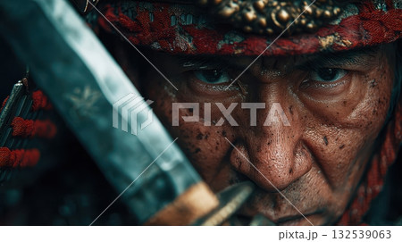 刀を見つめる侍の顔（クローズアップ） 132539063