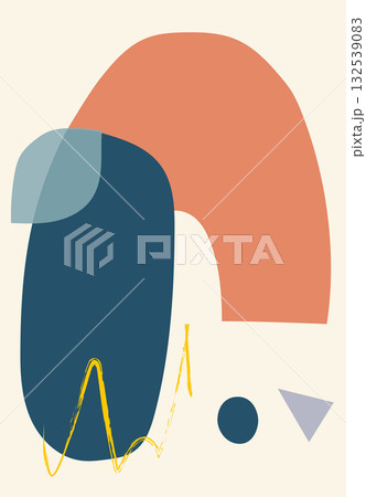 Minimalist abstract design with large navy and coral forms accented by yellow lines. 132539083