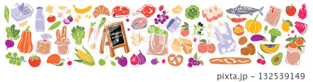 Fresh groceries hand drawn illustration, farm market food icon set, local shop product sticker print Fresh groceries hand drawn illustration, farm market food icon set, local shop product sticker print 132539149