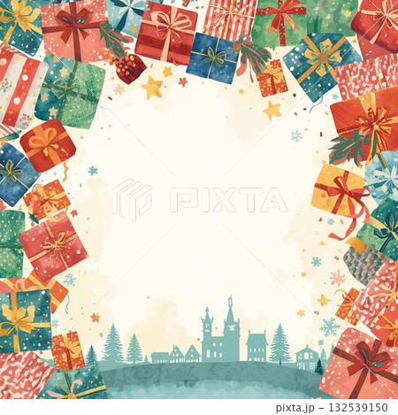 プレゼントボックスのフレーム付きクリスマスカード 132539150