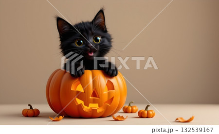 A black cat perched atop a lit Halloween pumpkin, with its mouth open as if meowing or expressing surprise 132539167