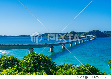 山口県下関市　コバルトブルーの海に映える角島大橋 132539372