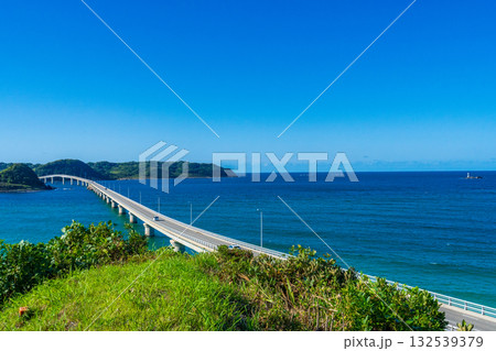 山口県下関市　コバルトブルーの海に映える角島大橋 132539379