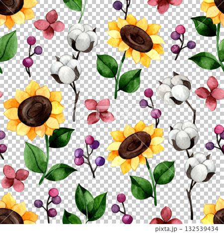 Cute watercolor seamless pattern with autumn flowers, cotton and sunflowers. Cartoon Cute watercolor seamless pattern with autumn flowers, cotton and sunflowers. Cartoon 132539434