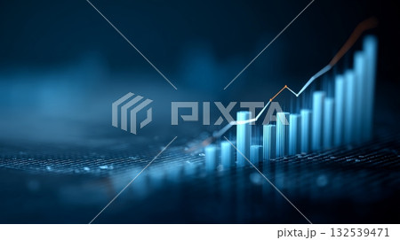 Bar chart displaying an upward trend line on a digital grid, symbolizing financial growth, data analysis, and success in investment and global business markets 132539471