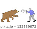 追いかけてくる熊に向かってクマよけのスプレーを吹き付ける男性のシンプルな線画ベクターイラスト 132539672