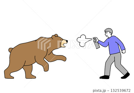 追いかけてくる熊に向かってクマよけのスプレーを吹き付ける男性のシンプルな線画ベクターイラスト 132539672