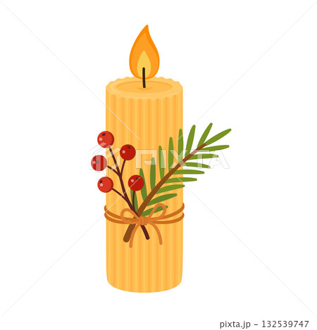 Christmas candle with pine branches, red berries, and a pine cone Christmas candle with pine branches, red berries, and a pine cone 132539747