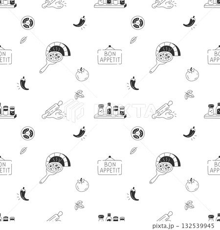 Woodfired oven pizza seamless pattern with tools and spices 132539945