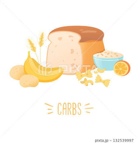 Carbohydrates products vector illustration. Carbs food. Bread, banana, pasta, potatoes, cereals. Nutrient complex diet of organic natural products. Healthy lifestyle. Daily ration. Wholesome breakfast Carbohydrates products vector illustration. Carbs food. Bread, banana, pasta, potatoes, cereals. Nutrient complex diet of organic natural products. Healthy lifestyle. Daily ration. Wholesome breakfast 132539997