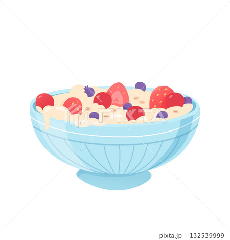 Oatmeal bowl with fruits. Cereal porridge for breakfast. Oat food. Natural product. Healthy food concept. Cartoon vector illustration 132539999