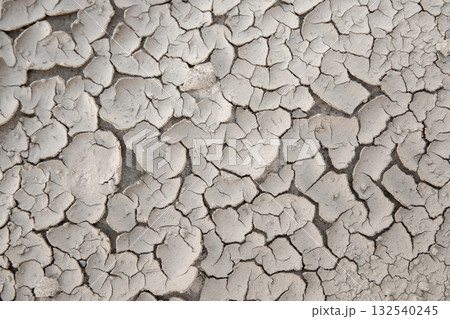 Dry cracked soil surface forms abstract natural pattern under sunlight. Texture shows drought effect and desiccation process symbolizing heat, climate change and environmental stress Dry cracked soil surface forms abstract natural pattern under sunlight. Texture shows drought effect and desiccation process symbolizing heat, climate change and environmental stress 132540245