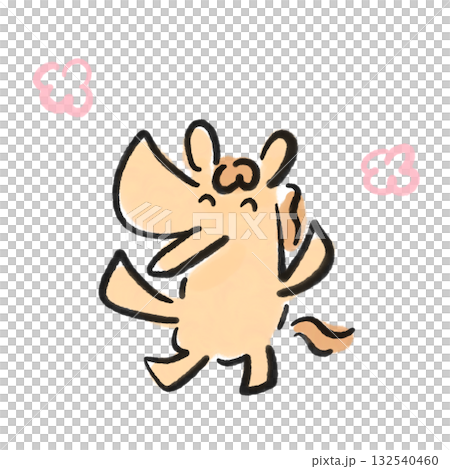 A smiling horse and plum blossoms, celebrating with a cheer in their hands. New Year's material. Sumi-e. Hand-drawn. 132540460