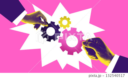 Modern collage. Hands assembling colorful gears on pink background with photocopy texture Modern collage. Hands assembling colorful gears on pink background with photocopy texture 132540517